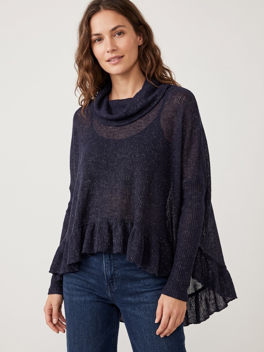 Anthropologie Ribbed Knit Cowl Turtleneck Flounce Hem Poncho Pullover Top